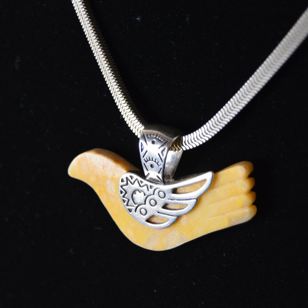 Vintage Carved Stone Bird Pendant with Heavy Sterling Silver Box Chain Necklace